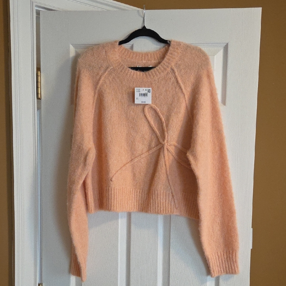 American Eagle Outfitters Peach Fuzzy Bow-Accent Crew Sweater